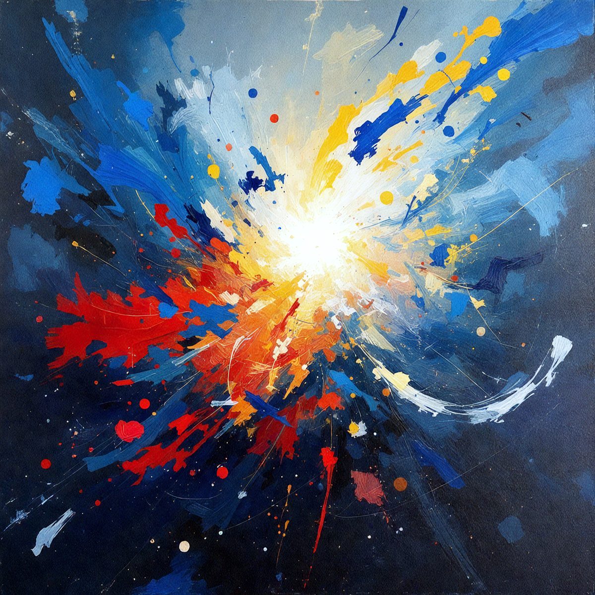 The primary subject of the image is a painting featuring a brightly colored, abstract design. The setting is a black background, which contrasts with the vibrant colors of the painting. The visual style is a mix of digital art and illustration, creating a unique and eye-catching piece. The dominant colors in the painting are red, blue, yellow, and orange, which contribute to a lively and energetic atmosphere.